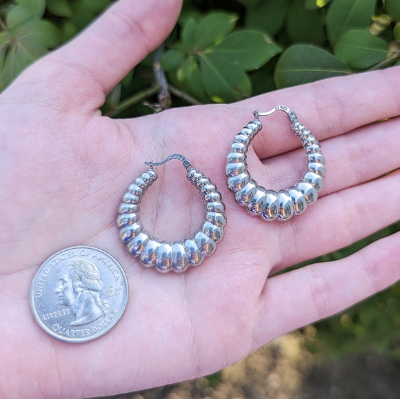 Vintage sterling silver 925 pierced earrings hollow shrimp hoops - Picture 3 of 5